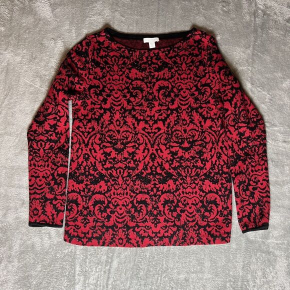 J. Jill Red‎ Black Sweater Rhinestones Damask Size XS - Picture 1 of 5